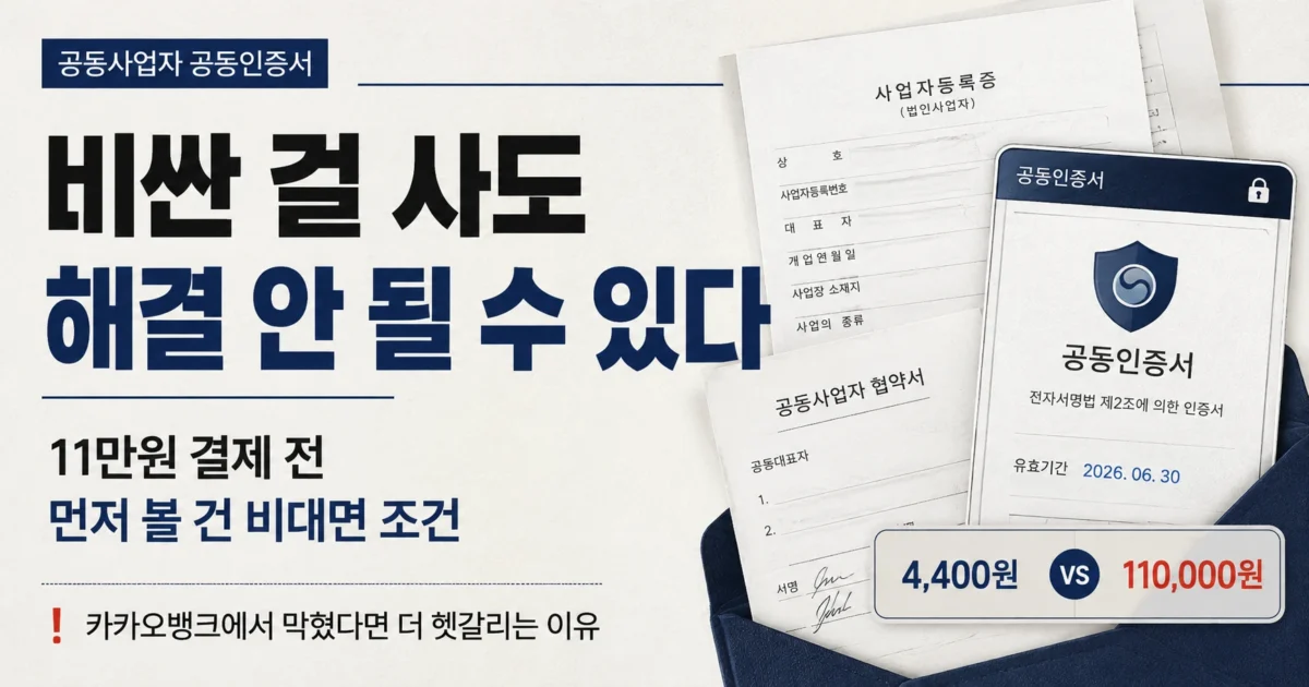 공동사업자 공동인증서 비대면 발급 조건과 4,400원·110,000원 인증서를 비교한 이미지