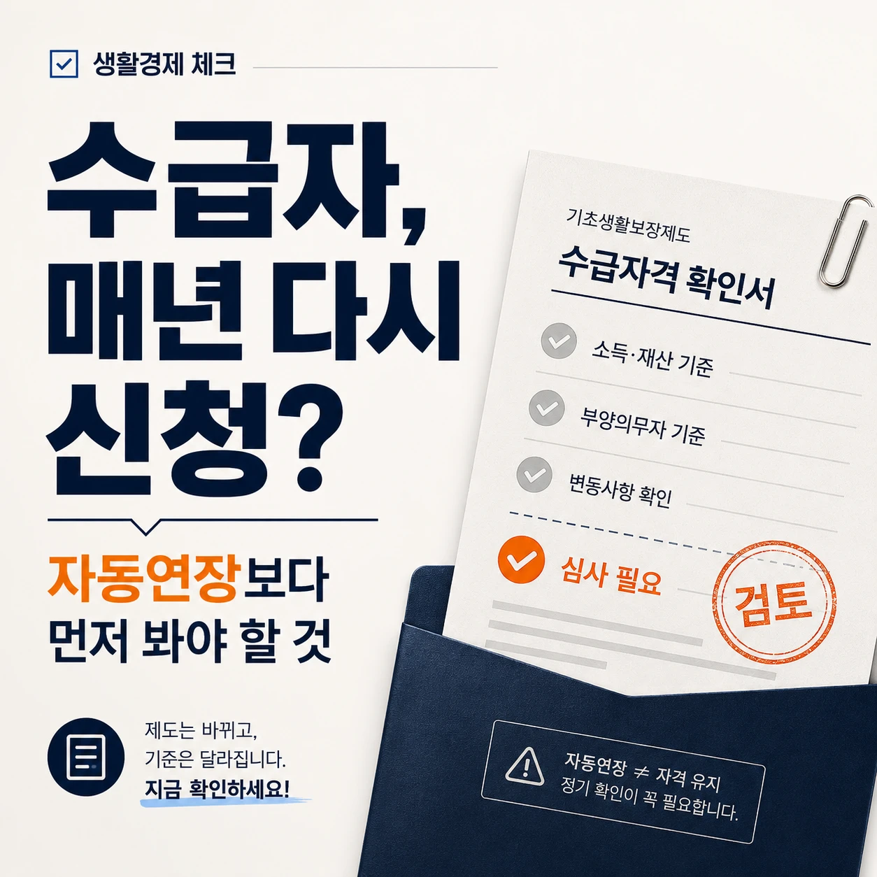 기초생활수급자 재신청 여부와 확인조사 기준을 설명하는 정사각형 인포그래픽 이미지