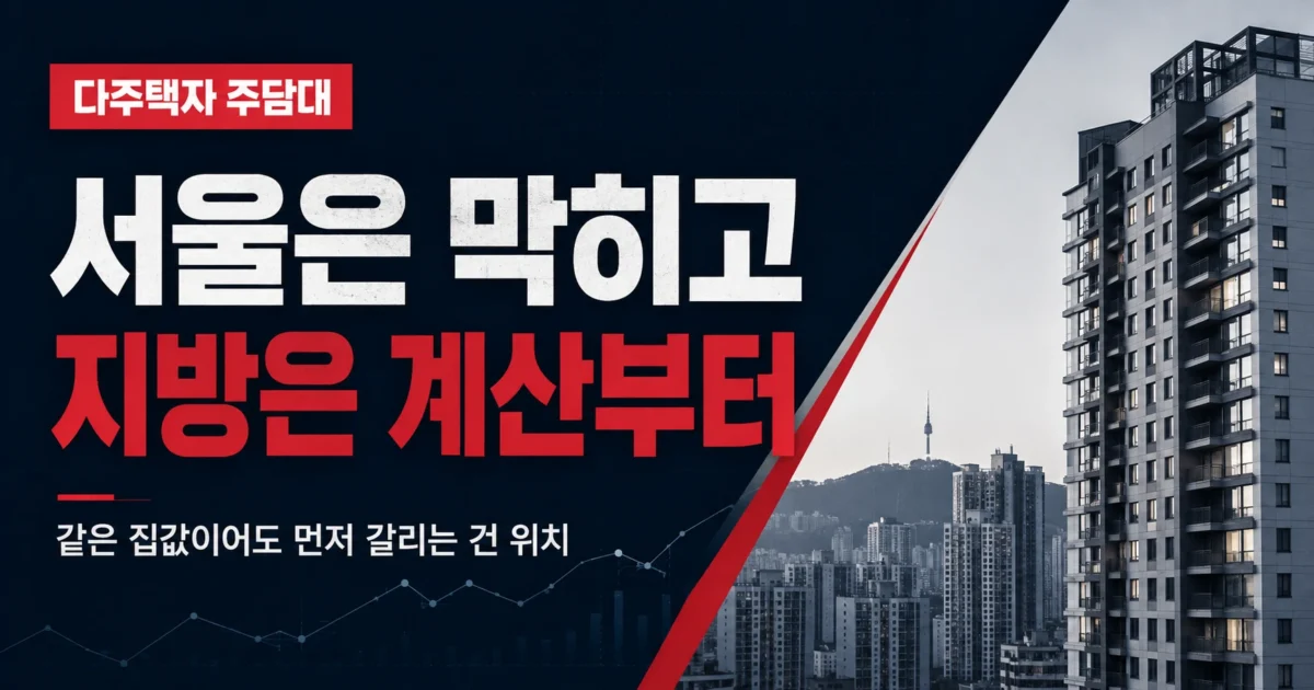 다주택자 주담대에서 서울은 막히고 지방은 계산부터 시작된다는 핵심 내용을 담은 가로형 부동산 대출 이미지