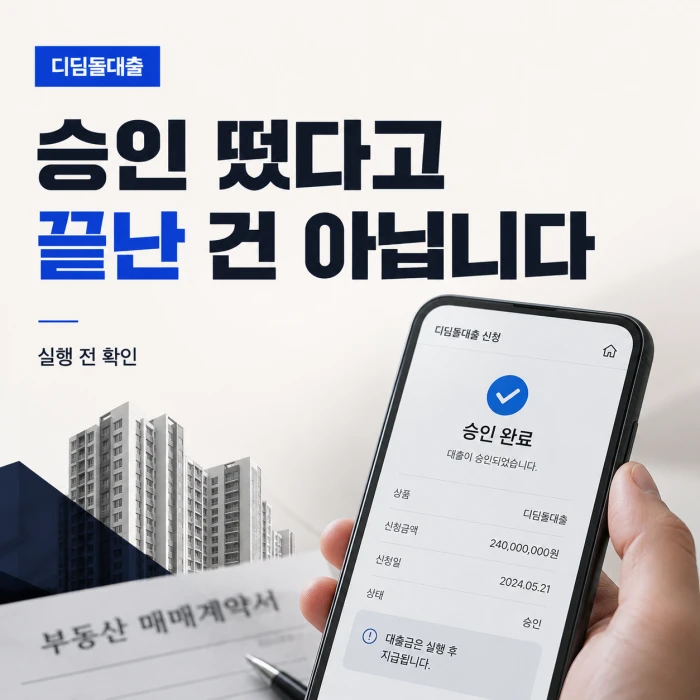 디딤돌대출 승인 화면과 부동산 매매계약서를 배경으로 승인 후에도 대출 실행 확인이 필요하다고 안내하는 이미지