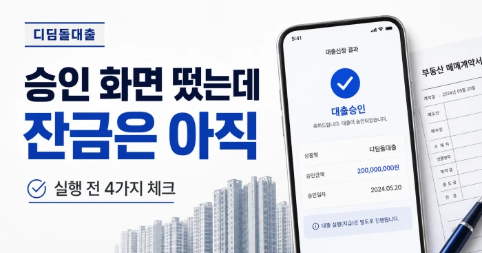 디딤돌대출 승인 화면 옆에 잔금은 아직이라는 문구와 실행 전 네 가지 확인사항을 보여주는 가로형 이미지