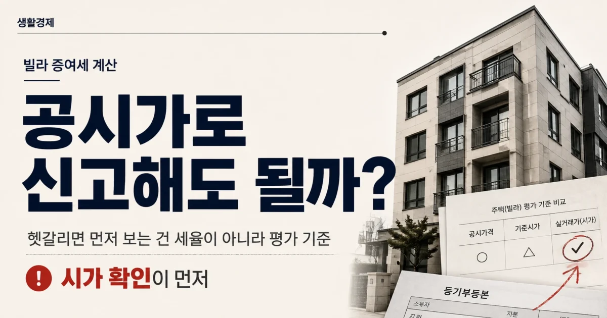 빌라 증여세 신고 시 공시가격과 실거래가 중 어떤 금액을 기준으로 봐야 하는지 설명하는 가로형 생활경제 이미지