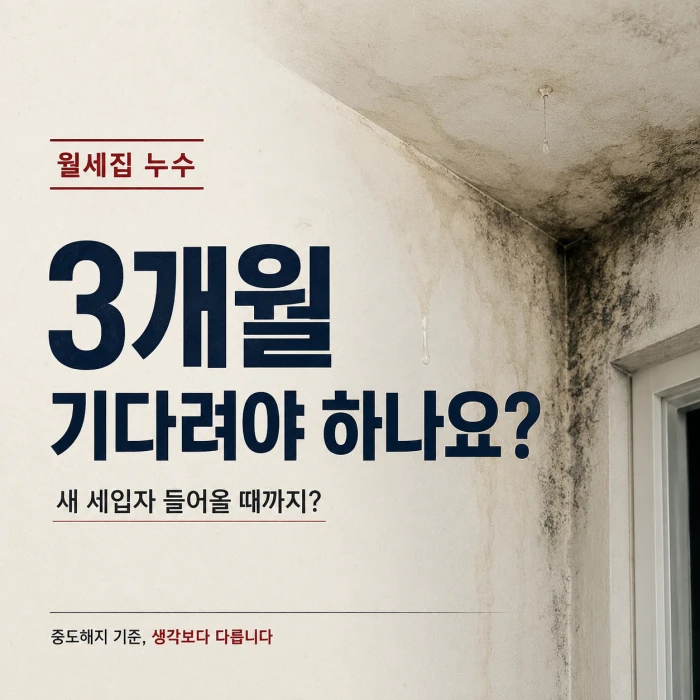 월세집 천장 누수와 곰팡이 사진 위에 ‘3개월 기다려야 하나요?’라는 문구가 들어간 정사각형 콘텐츠 이미지