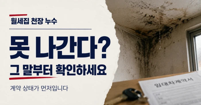 천장 누수와 곰팡이가 있는 월세집 사진과 ‘못 나간다? 그 말부터 확인하세요’ 문구가 들어간 가로형 썸네일 이미지