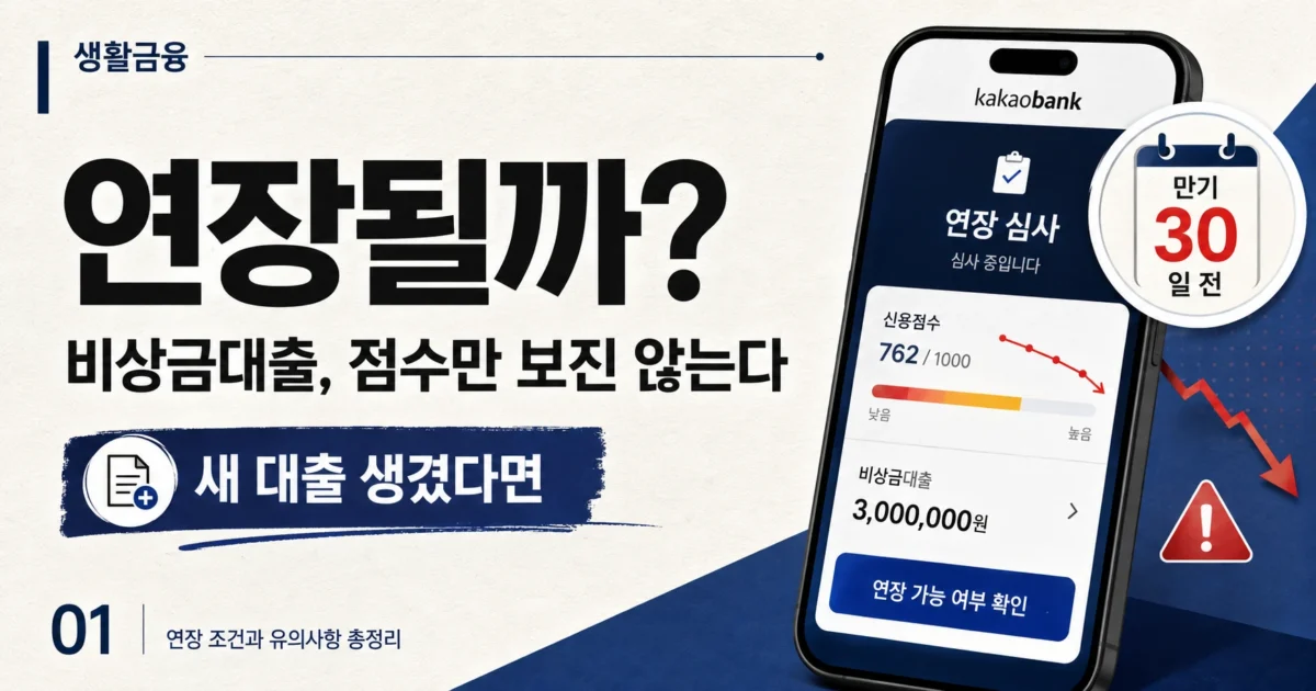 카카오뱅크 비상금대출 연장 심사와 만기 30일 전 확인 시점을 표현한 이미지