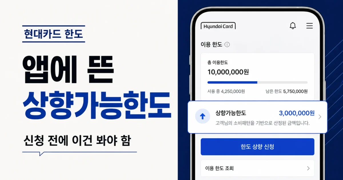 현대카드 이용한도 화면에서 상향가능한도와 한도 상향 신청 항목을 확인하는 이미지