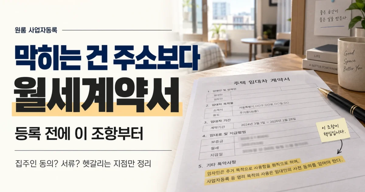 원룸 사업자등록 전 월세계약서의 사용 목적과 사업자등록 관련 특약을 확인하는 방법을 보여주는 이미지