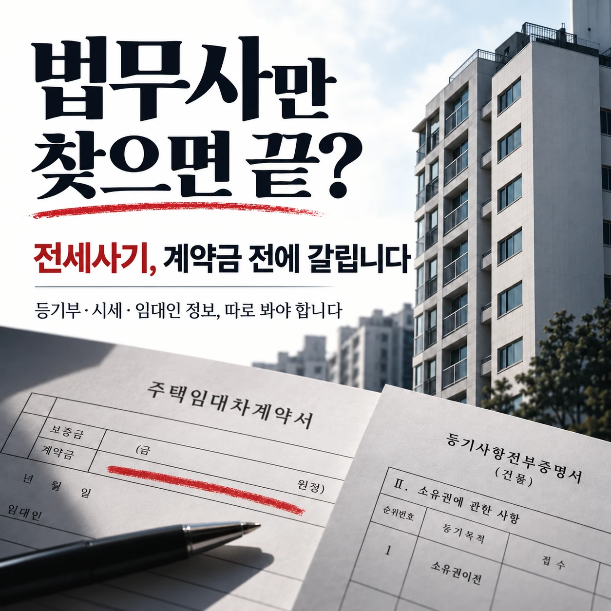 전세사기 예방을 주제로 한 정사각형 썸네일 이미지. 아파트 건물과 주택임대차계약서, 등기사항전부증명서가 보이고, 법무사만 찾으면 끝이 아니라 계약금 전에 등기부와 시세, 임대인 정보를 따로 확인해야 한다는 메시지를 담고 있다.