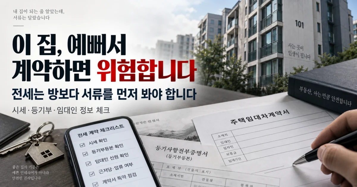전세사기 예방을 설명하는 가로형 썸네일 이미지. 아파트 외관, 주택임대차계약서, 등기사항전부증명서, 체크리스트가 담긴 휴대폰 화면이 함께 배치돼 있고, 예쁜 집보다 서류를 먼저 확인해야 한다는 메시지를 강조한다.