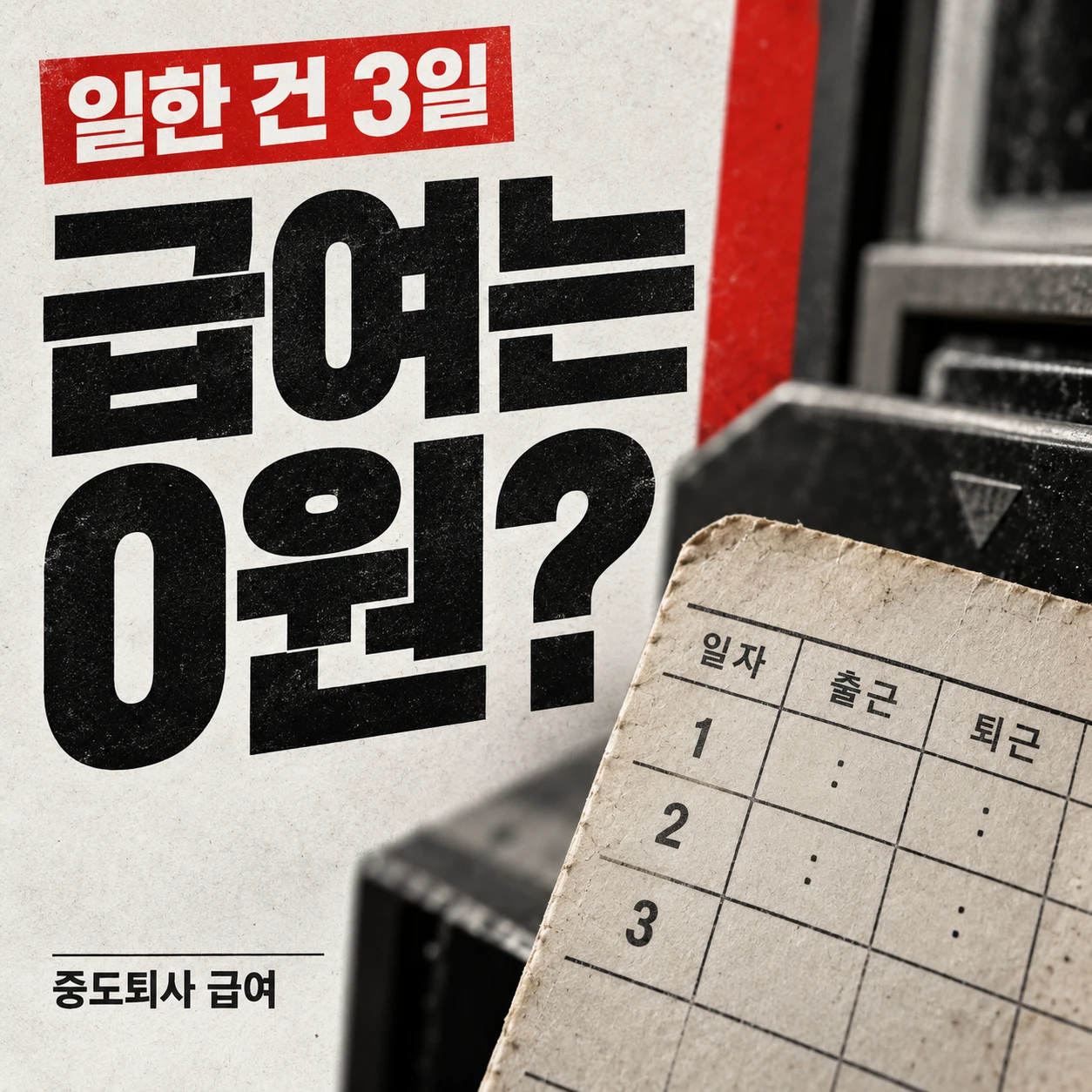 출퇴근 기록 카드 옆에 ‘급여는 0원?’이라고 적힌 3일 근무 후 퇴사 급여 안내 이미지