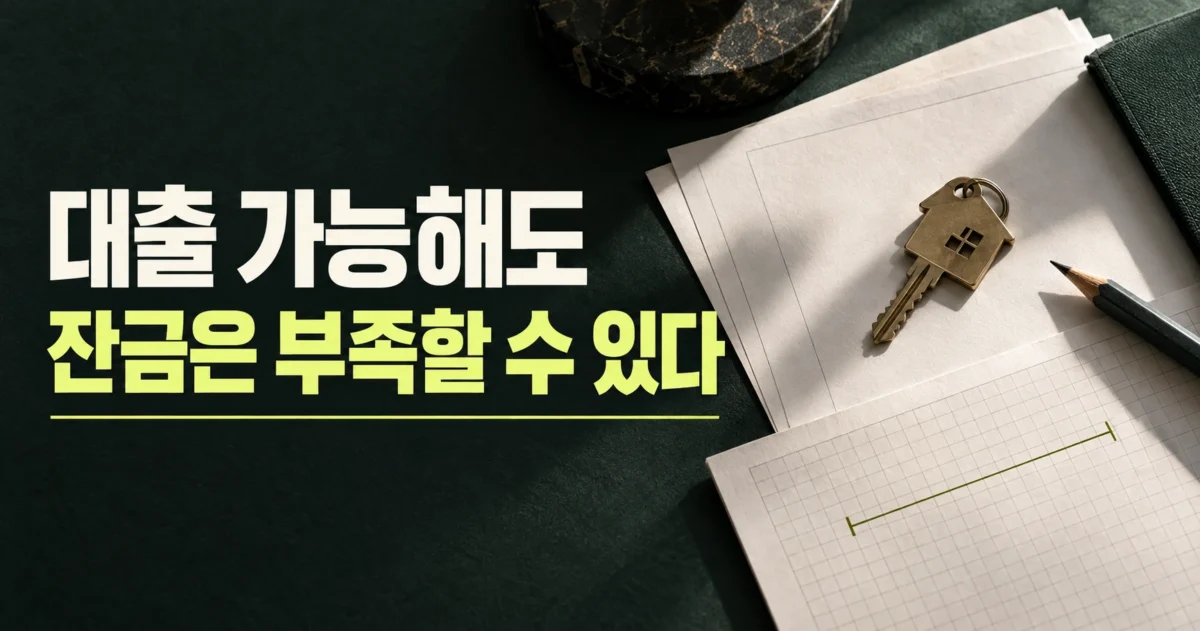 주택 매매 서류와 집 열쇠 옆에 대출 가능해도 잔금은 부족할 수 있다는 문구가 배치된 가로형 이미지