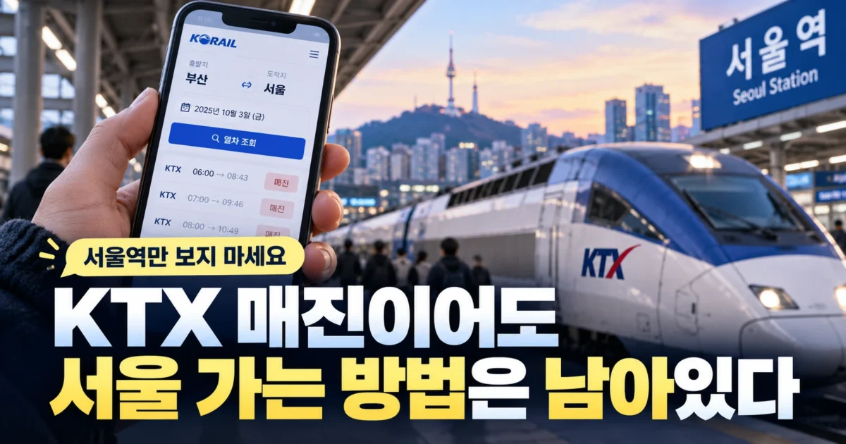 서울역 표지와 KTX 열차, 휴대전화의 매진 화면을 배경으로 '서울역만 보지 마세요'라는 문구가 크게 배치된 가로 이미지