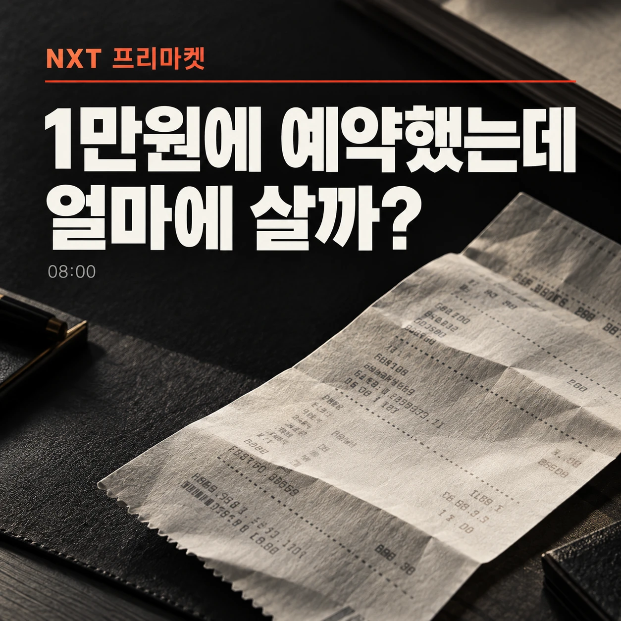 NXT 프리마켓 8시 이전 예약주문을 다룬 정사각형 이미지. 검은 배경에 '1만원에 예약했는데 얼마에 살까?'라는 문구와 주문 영수증이 보인다.