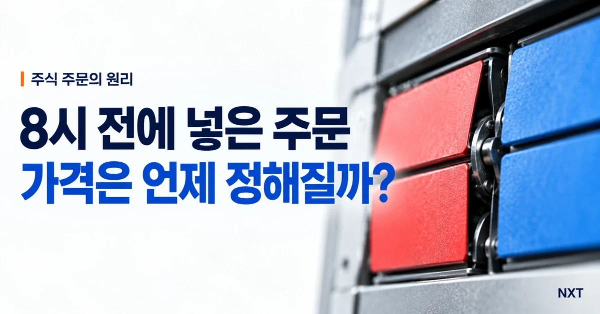 NXT 프리마켓 가로형 대표 이미지. '8시 전에 넣은 주문, 가격은 언제 정해질까?'라는 문구와 주식 매매 표시판이 배치돼 있다.