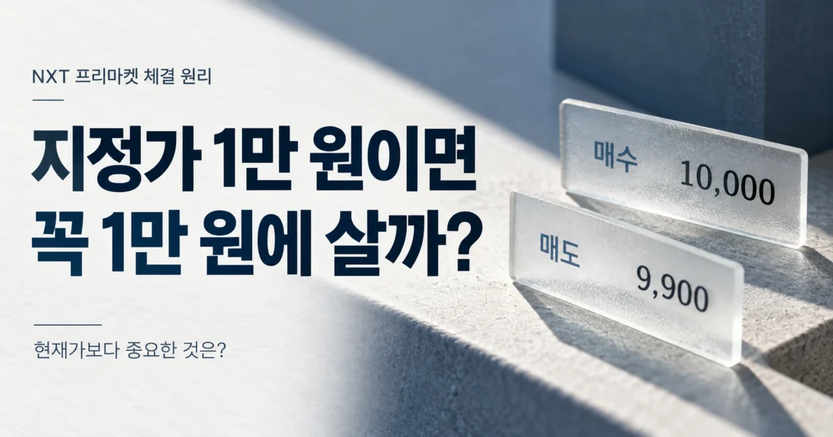 NXT 프리마켓의 매수 지정가 10,000원과 매도 호가 9,900원을 대비하며 실제 주식 체결가격을 묻는 가로형 이미지
