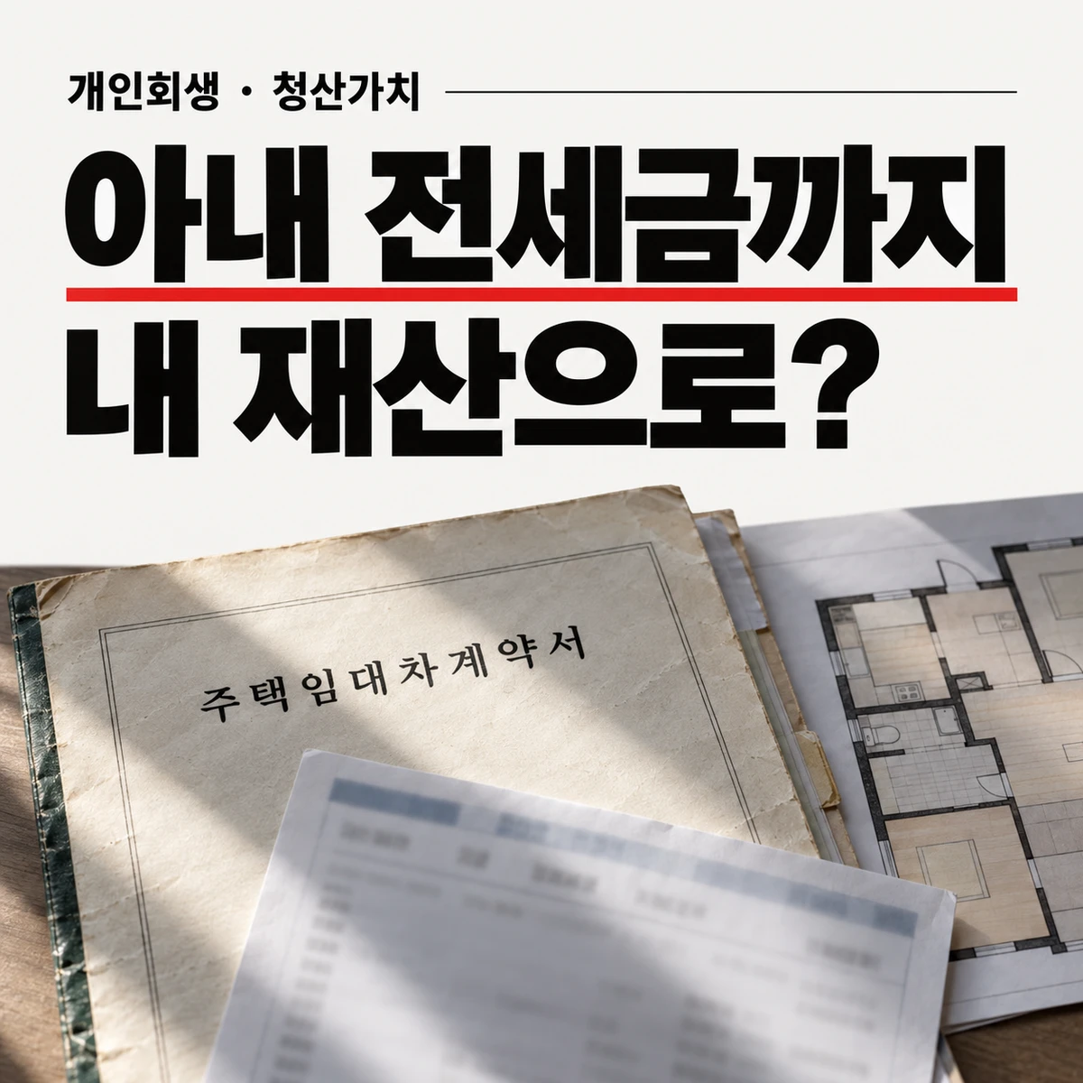 개인회생 배우자 재산을 주제로 '아내 전세금까지 내 재산으로?'라는 문구와 주택 임대차계약서, 아파트 평면도가 배치된 이미지