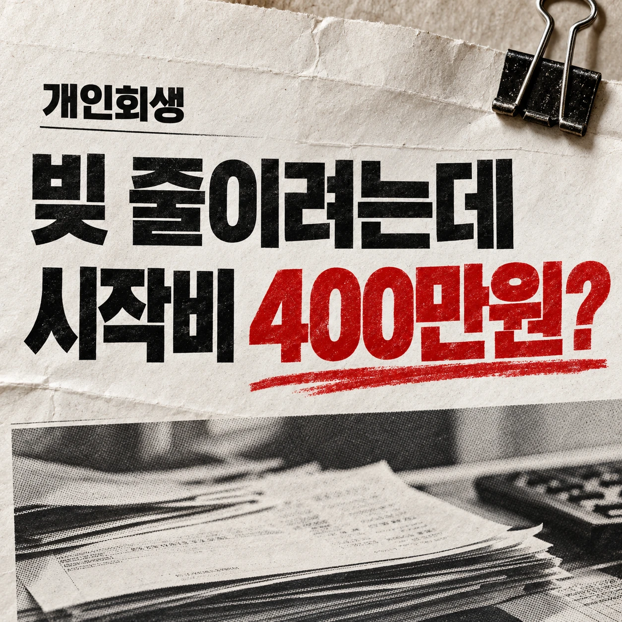 개인회생 비용을 다룬 정사각형 뉴스형 이미지. 종이 질감 배경에 ‘빚 줄이려는데 시작비 400만원?’이라는 문구가 검정색과 빨간색 글자로 강조되어 있다.