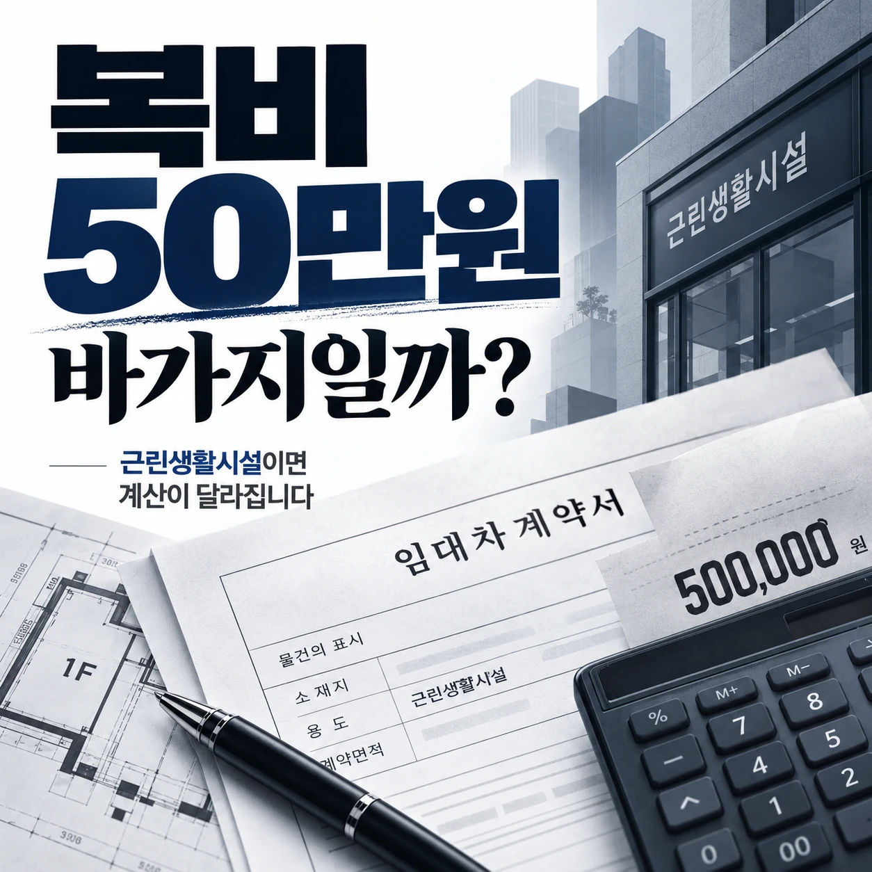 근린생활시설 건물과 임대차계약서, 계산기 위에 '복비 50만원, 바가지일까?'라는 문구가 강조된 정사각형 이미지