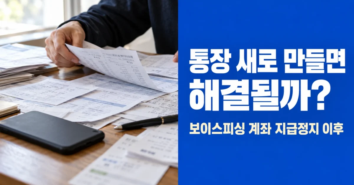 금융거래 내역 서류를 살펴보는 모습과 통장 새로 만들면 해결될까라는 문구가 담긴 보이스피싱 계좌 지급정지 이미지