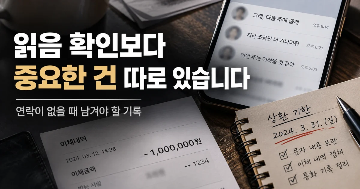 읽음 확인보다 중요한 건 따로 있다는 문구와 휴대폰 메시지, 100만 원 이체 내역, 상환 기한과 증거 보관 항목을 적은 수첩이 보이는 이미지