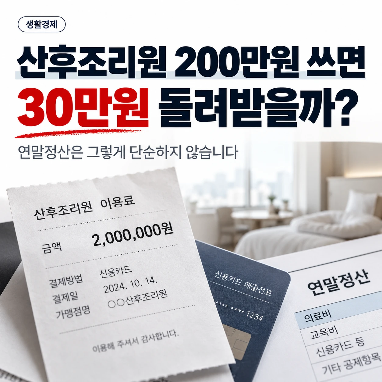 산후조리원 200만 원을 쓰면 연말정산에서 30만 원을 돌려받을 수 있는지 묻는 문구와 영수증, 신용카드, 연말정산 서류를 배치한 이미지