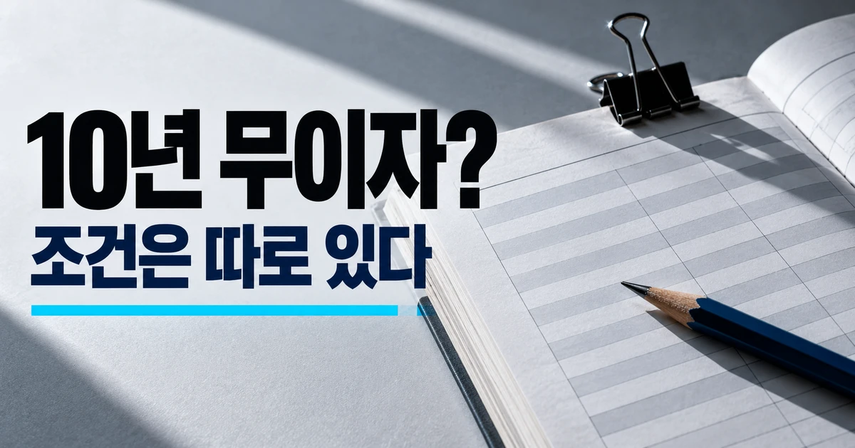 새출발기금 10년 무이자 상환 가능 여부를 다룬 가로형 이미지. 장부와 연필을 배경으로 '10년 무이자? 조건은 따로 있다'라는 문구가 적혀 있다.