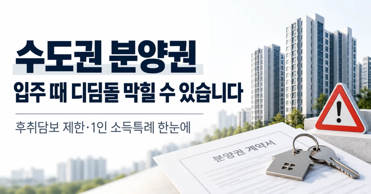 수도권 분양권 입주 시 디딤돌대출이 막힐 수 있다는 내용을 설명하는 가로형 대표 이미지. 신축 아파트 단지, 분양권 계약서, 열쇠, 경고 표지와 함께 ‘수도권 분양권 입주 때 디딤돌 막힐 수 있습니다’라는 문구가 들어가 있다.