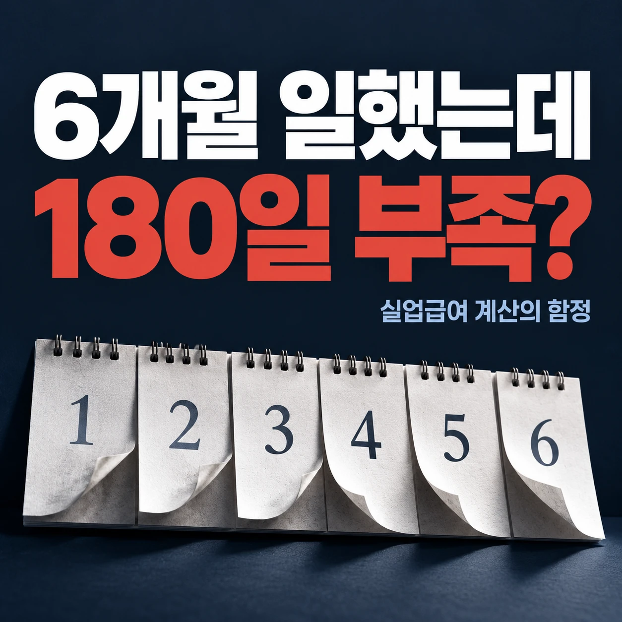 남색 배경에 '6개월 일했는데 180일 부족?' 문구와 여섯 장의 종이 달력이 배치된 실업급여 180일 계산 이미지