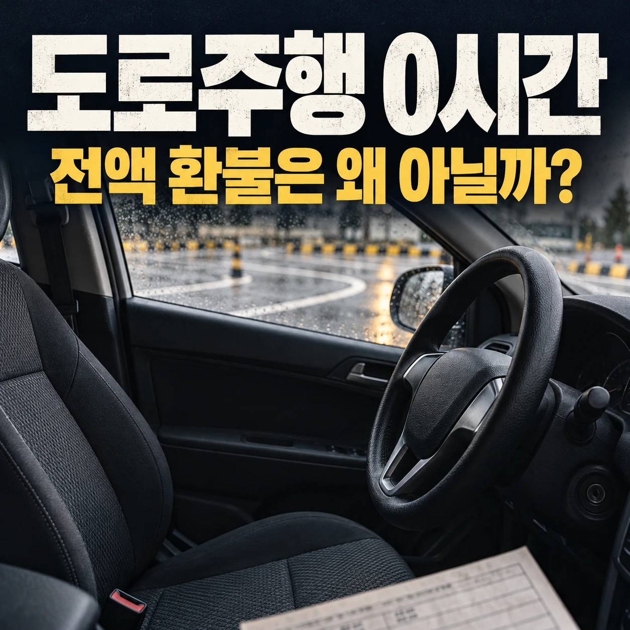 운전면허학원 차량 내부 사진 위에 '도로주행 0시간, 전액 환불은 왜 아닐까?'라는 문구를 넣은 환불 규정 안내 이미지