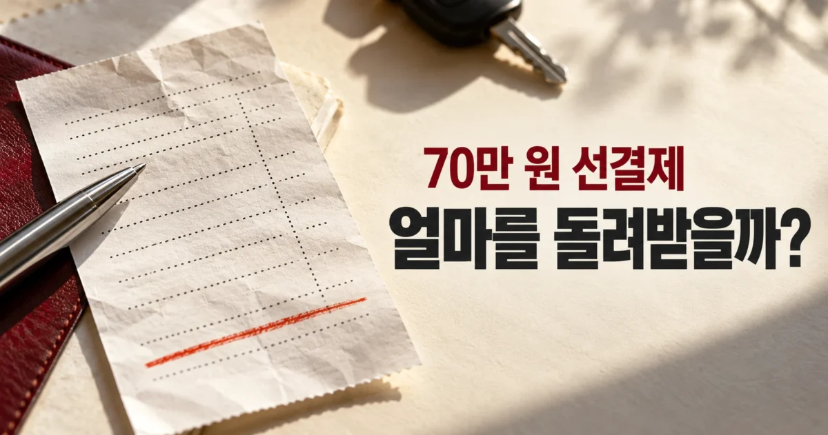 영수증과 펜이 놓인 사진 오른쪽에 '70만 원 선결제, 얼마를 돌려받을까?'라고 적힌 운전면허학원 환불 계산 안내 이미지