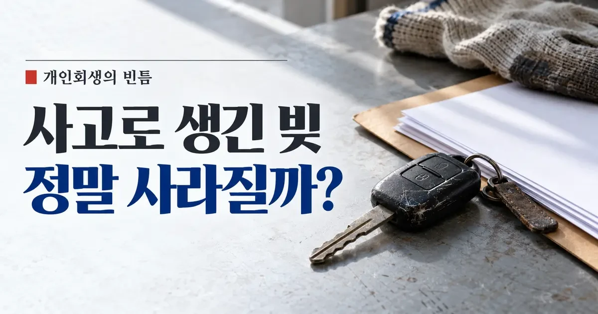 자동차 열쇠와 작업 장갑, 서류가 놓인 책상 옆에 '사고로 생긴 빚 정말 사라질까?'라는 문구가 표시된 개인회생 관련 가로형 뉴스 이미지