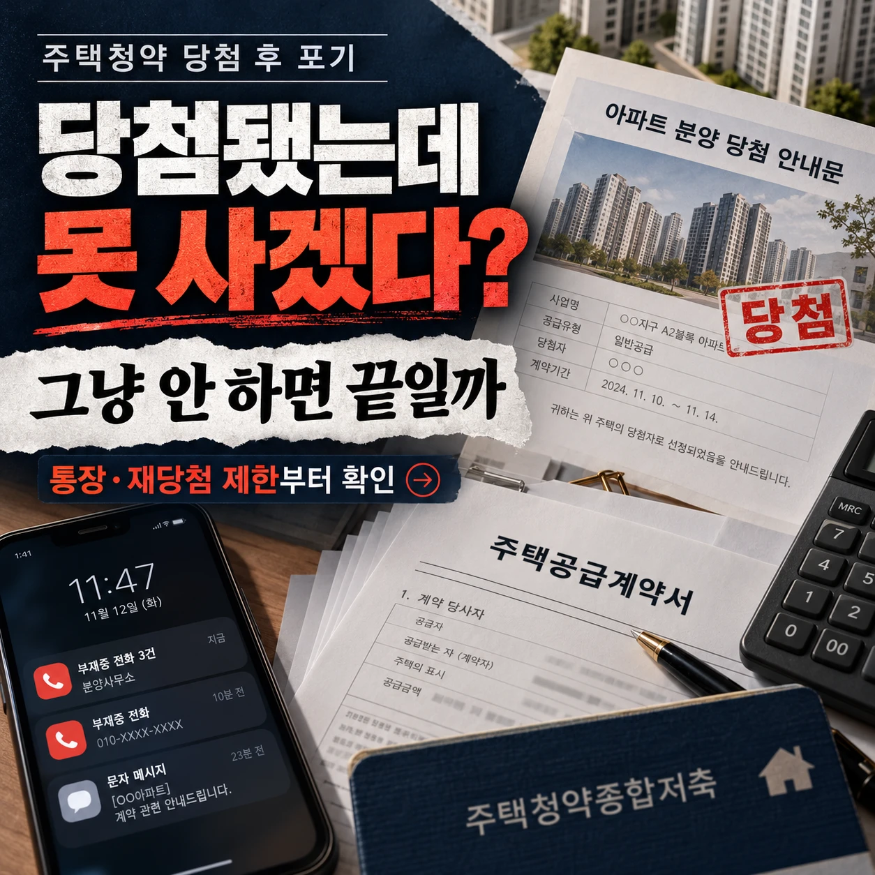 주택청약 당첨 후 포기를 고민하는 상황을 표현한 이미지. 아파트 당첨 안내문과 청약통장, 분양사무소 전화 알림 위에 '당첨됐는데 못 사겠다?' 문구가 강조되어 있다.