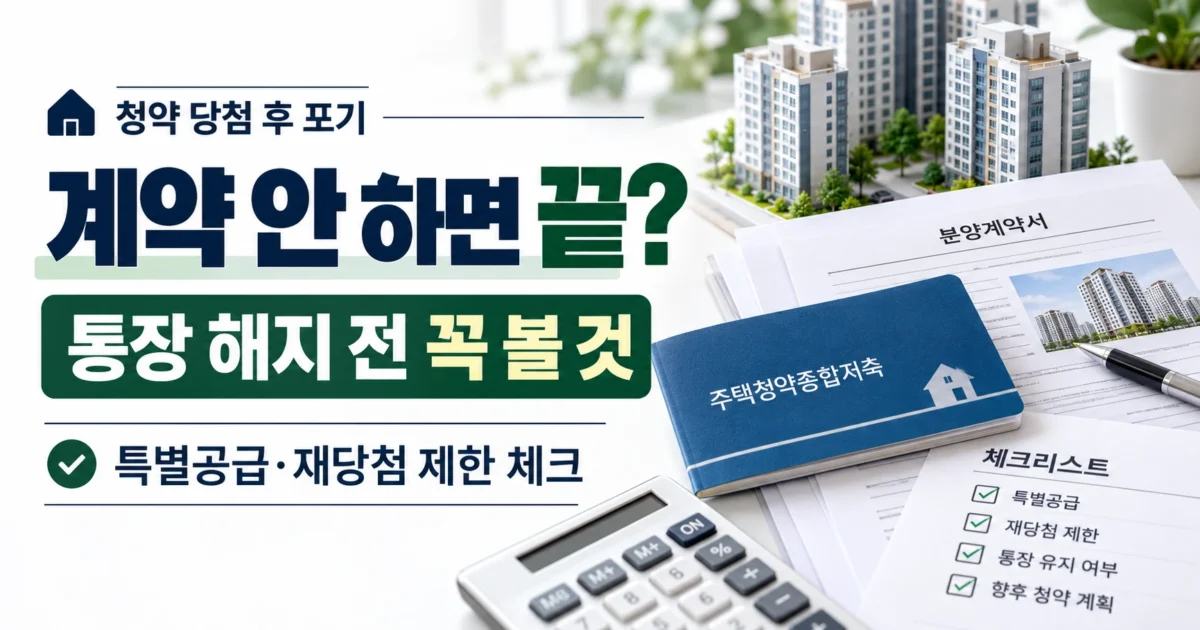 청약 당첨 후 계약하지 않을 때 확인할 사항을 정리한 가로형 이미지. 아파트 모형과 분양계약서, 주택청약종합저축 통장 옆에 '통장 해지 전 꼭 볼 것'과 특별공급·재당첨 제한 문구가 표시되어 있다.
