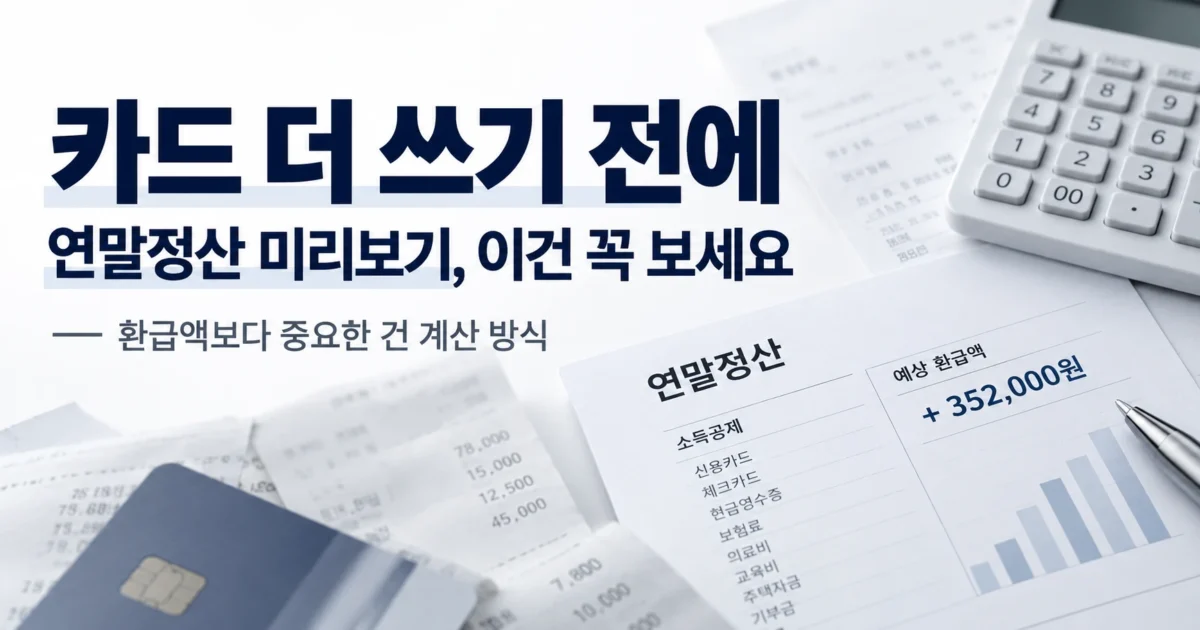 연말정산 미리보기 관련 가로형 썸네일 이미지. 카드와 영수증, 계산기, 연말정산 서류가 배치되어 있고 “카드 더 쓰기 전에 연말정산 미리보기, 이건 꼭 보세요”와 “환급액보다 중요한 건 계산 방식”이라는 문구가 들어간 기사형 디자인.