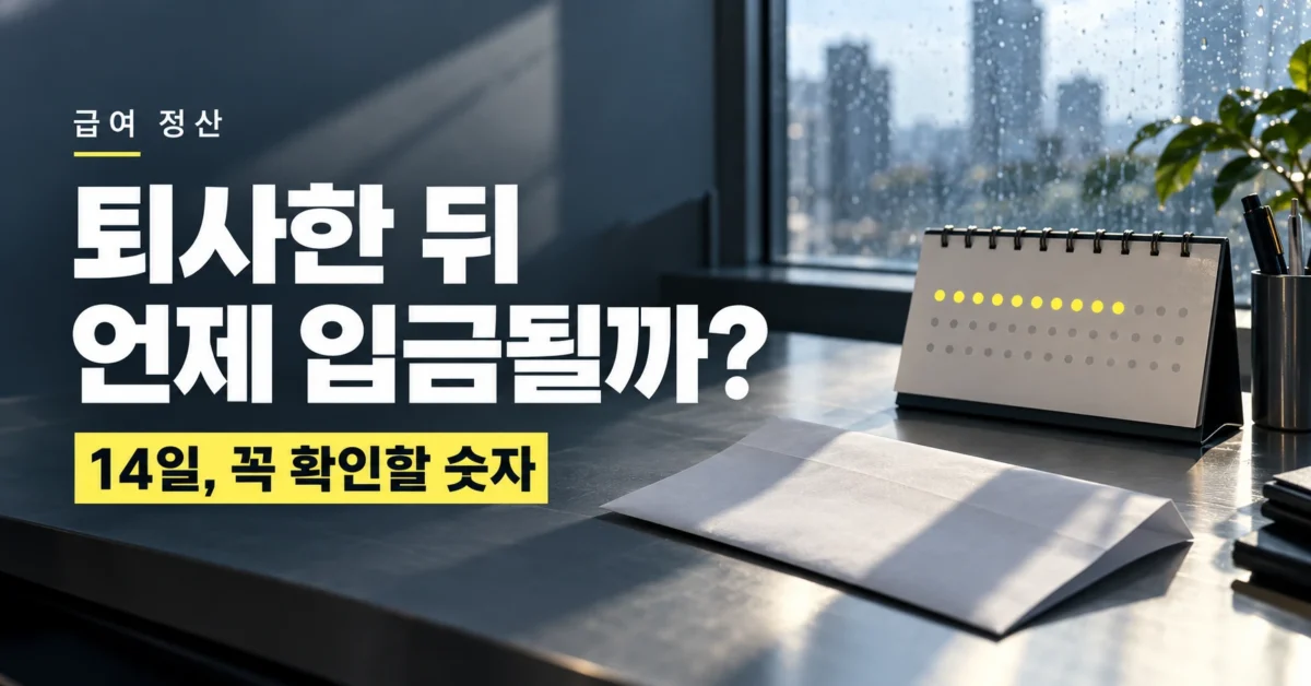 사무실 책상과 달력 옆에 ‘퇴사한 뒤 언제 입금될까?’와 14일 정산 문구가 표시된 이미지