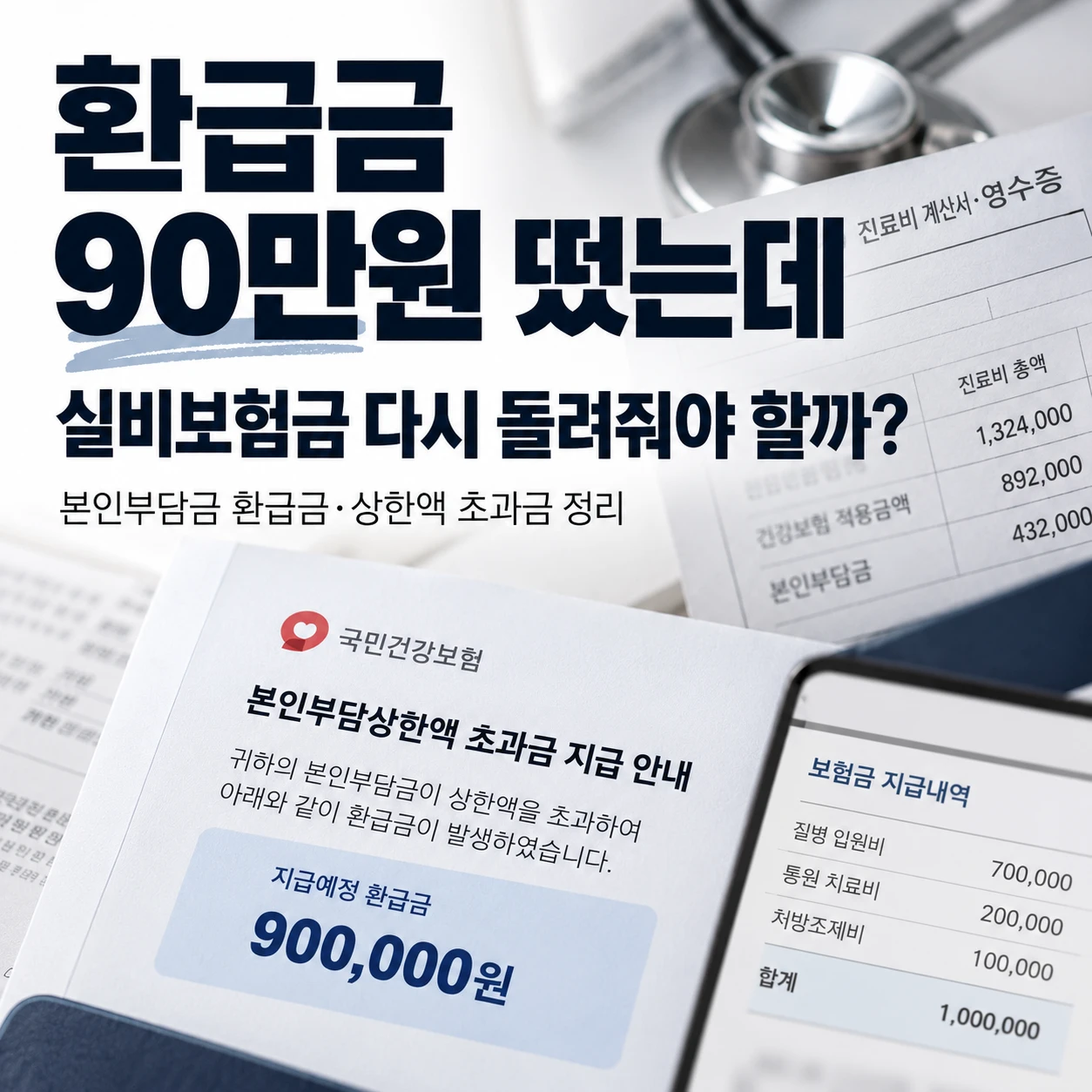 본인부담금 환급금과 본인부담상한액 초과금을 설명하는 정사각형 카드뉴스 이미지. 국민건강보험 환급 안내서와 보험금 지급내역 화면이 함께 보이고, 환급금 90만원이 떴는데 실비보험금을 다시 돌려줘야 하는지 묻는 문구가 크게 들어가 있다.