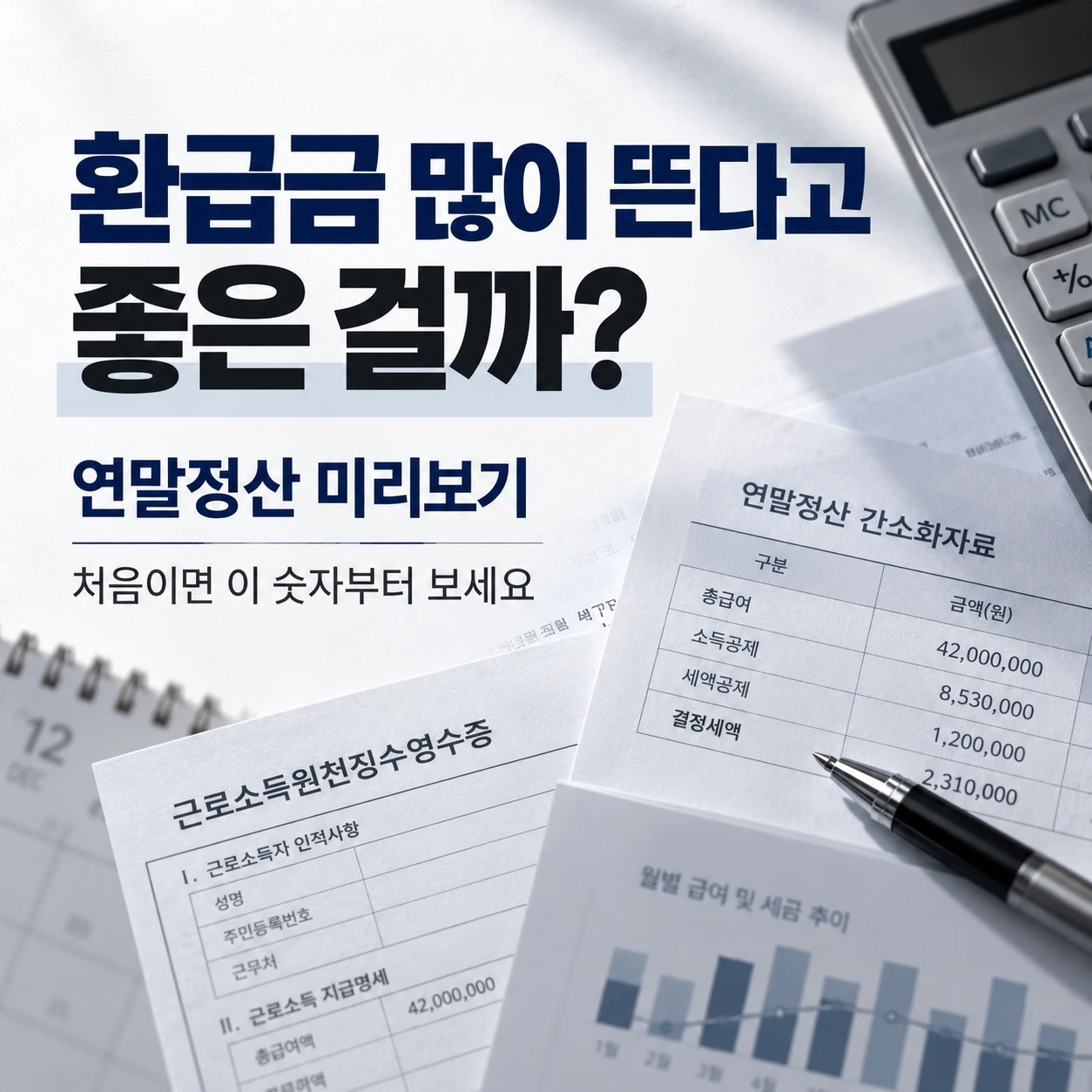 연말정산 미리보기 화면을 주제로 한 정사각형 썸네일 이미지. 계산기와 근로소득원천징수영수증, 연말정산 간소화자료가 놓여 있고 “환급금 많이 뜬다고 좋은 걸까? 연말정산 미리보기 처음이면 이 숫자부터 보세요”라는 문구가 크게 들어간 뉴스형 디자인.